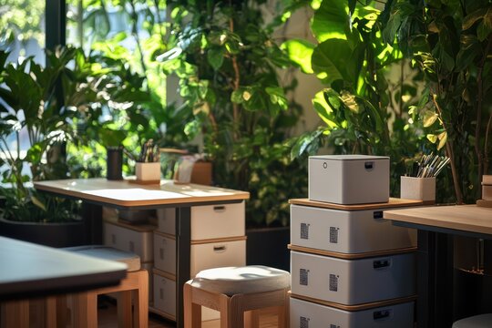 A cozy shared workspace with small square desks, stackable storage boxes, and calming greenery in the background
