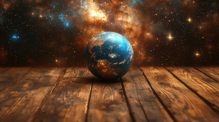 A blue and gold globe sitting on top of a wooden table