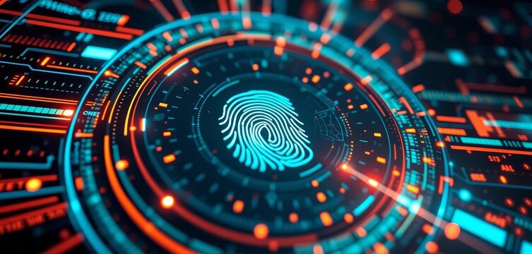 Futuristic fingerprint scanner interface with glowing digital data streams, technology background, authentication