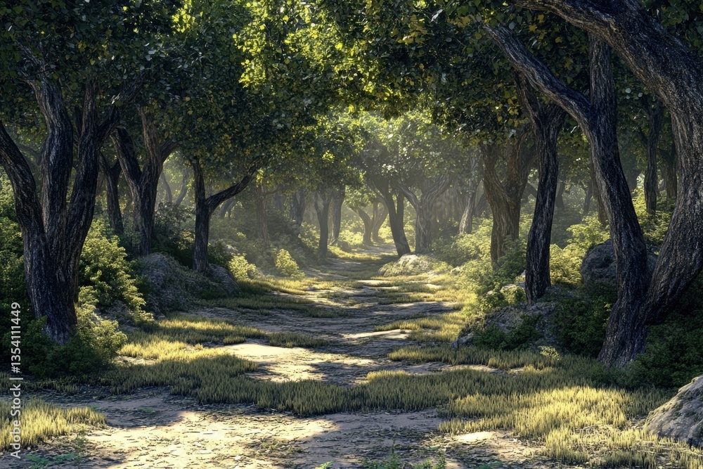 Poster serene forest path with sunlight filtering through trees in a peaceful natural setting