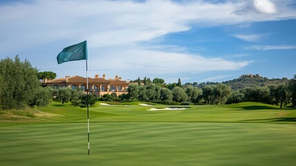 Obraz premium luxury golf course green with villa in background
