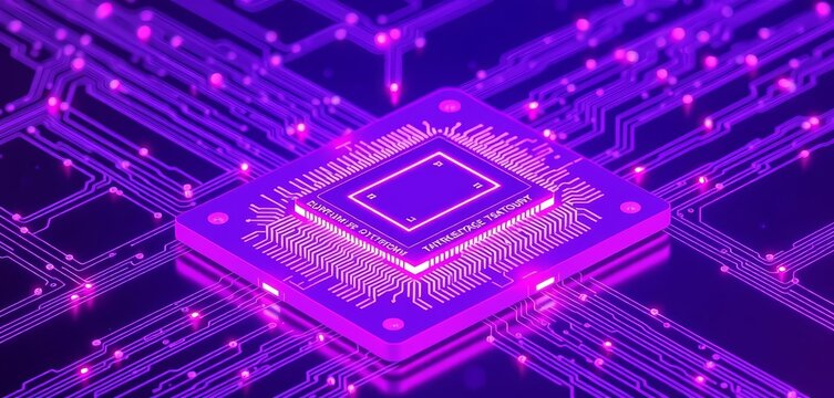 Futuristic purple quantum processor chip network, glowing isometric laptop design, network,  semiconductor