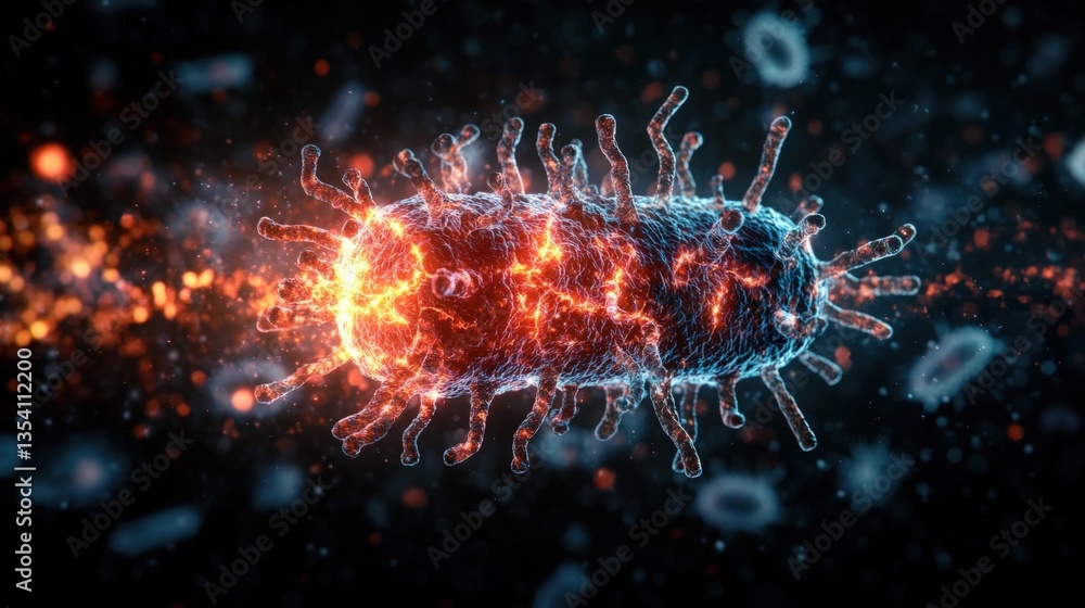 Poster microscopic digital rende of a bacterium featu a fiery glowing core and intricate surface structures