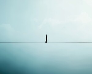Obraz premium A surreal depiction of job stability as a tightrope walker balancing.