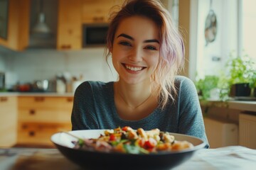 Young woman enjoying a healthy meal at home