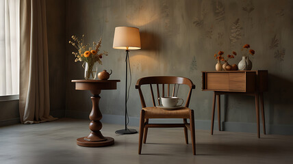 Cozy Living Space with Wooden Chair and Side Table

