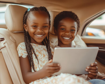 Children in the backseat holding a tablet and smiling