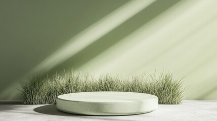 Minimalist green product display podium with grass