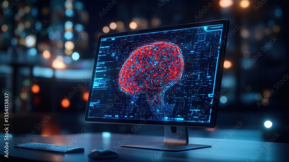 Poster digital rende of a human brain glowing red and blue on a computer monitor in a blurred dimly lit cit