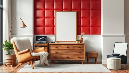 Modern Cozy Living Room with red leather Accent Wall and Mid-Century Furniture