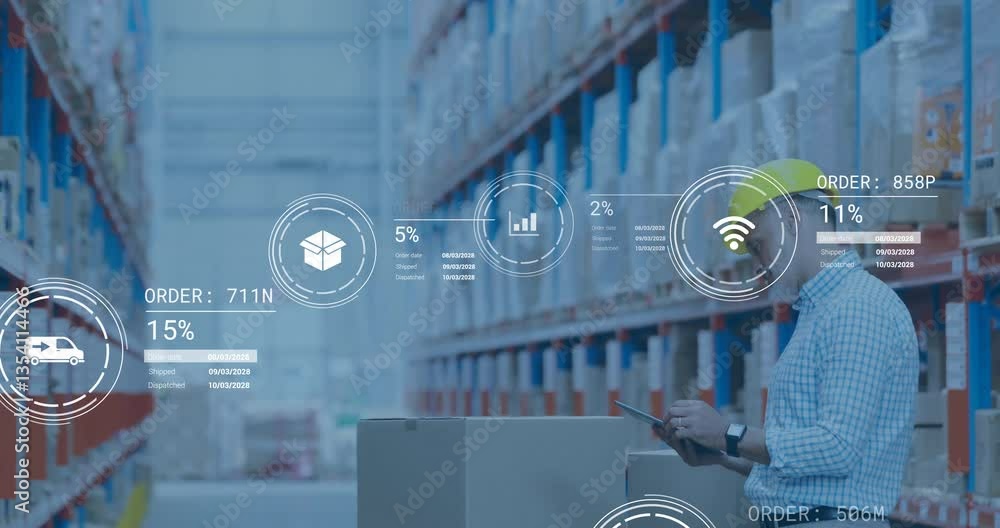 Poster using tablet, warehouse worker analyzing digital data with animation overlay