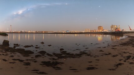 A coastal nighttime cityscape with water and distant buildings visible