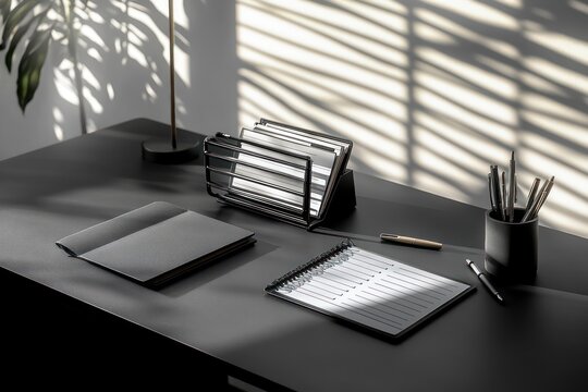 A matte black desk with an open planner, a small file rack, and a pen under diffused sunlight for a refined look