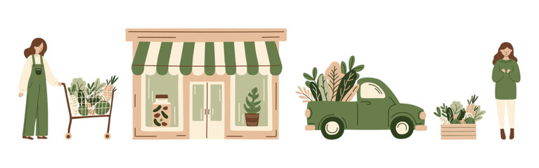Obraz premium Organic food market, girl with shopping cart, eco grocery store, farm fresh vegetables, sustainable local produce, zero waste, green delivery truck, healthy lifestyle, Hand-drawn vector illustration.