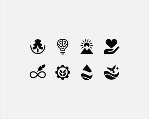 Minimalist Black Eco & Sustainability Icons – Nature, Renewable Energy, Growth & Well-being