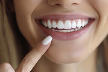 Fototapeta premium Closeup of smiling woman pointing at bright white teeth / Female mouth closeup