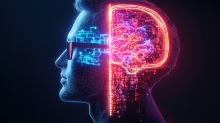 A Stylized Profile of a Man's Head with a Circuit-Board Brain Intertwined with a Realistic Anatomy Brain Showcasing Mind and Technology Fusion