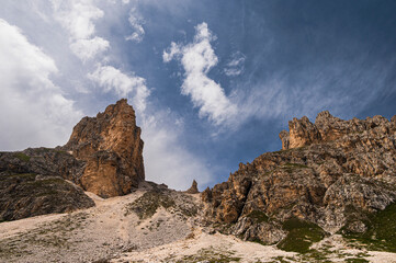 Fototapeta premium nature sceneries on the trail inside the Catinaccio mointain range, Vico di Fassa, Val di Fassa, Dolomites, Italy