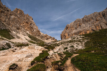 nature sceneries on the trail inside the Catinaccio mointain range, Vico di Fassa, Val di Fassa, Dolomites, Italy