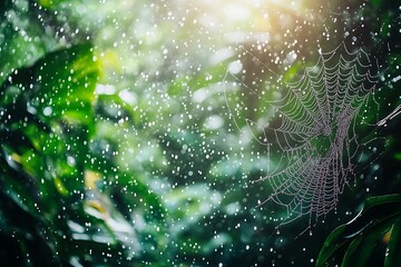 A close-up of a raindrop-laden spiderweb glistening in the light, set against a blurred background of lush greenery, highlighting naturea??s delicate artistry.
