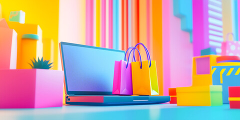 Bright and colorful e-commerce shopping concept with products, shopping cart, and offers to enhance customer experience and satisfaction