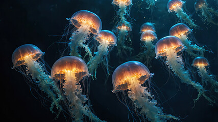 Fototapeta premium Group of moon jellyfish, known as Aurelia aurita, gracefully drift through the deep ocean. Their translucent bodies glow with soft, ethereal light, creating a mesmerizing underwater scene