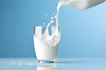 Kefir, milk or Turkish Ayran drink are poured into a glass cup from a bottle. A glass stands on a wooden stand on a rustic wooden table. Place for text
