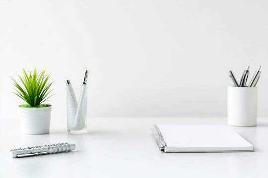 A minimalist desk with a clean, white surface, a slim notebook, a gel pen, and a small desk plant creating a cozy yet functional feel
