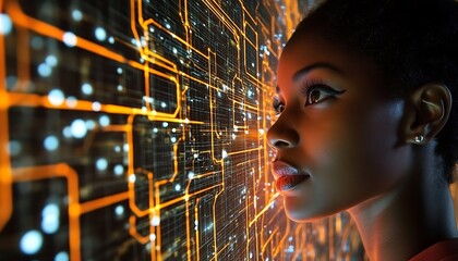 A woman studies a digital interface with glowing lines and dots