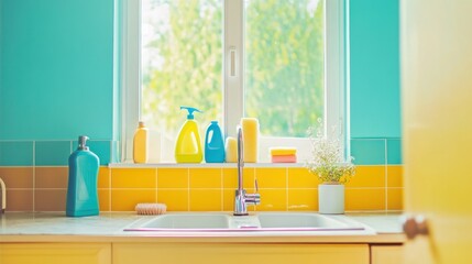 Colorful kitchen sink with cleaning supplies by window