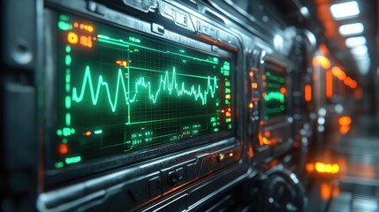 Naklejka premium Futuristic control panel displaying green waveforms and data analytics in a high-tech environment illuminated by orange lights