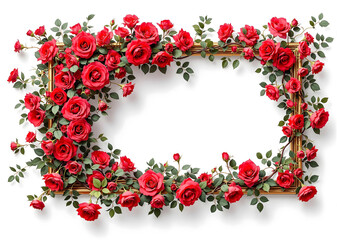 横長の金色の額に不均衡に絡まる沢山の赤いバラの花の蔓