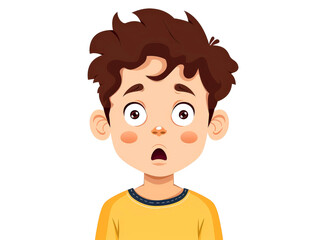 Obraz premium Portrait of small boy looking shocked on white background. Frightened face of little boy with opening her mouth showing fear, stress. Close-up. Copy space.