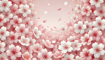 ピンクの半円形の背景の沢山のピンクの桜の花びら