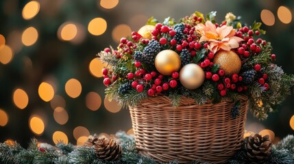 Elegant festive arrangement featuring red berries, golden ornaments, and vibrant florals in a woven basket against a soft bokeh background