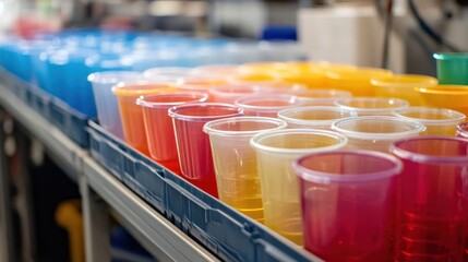 Colorful plastic cups in a factory setting
