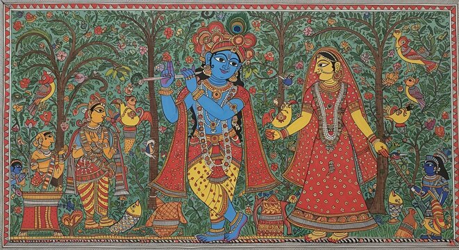 Lord Krishna and Radha is done in the traditional Madhubani or Pattachitra style. 