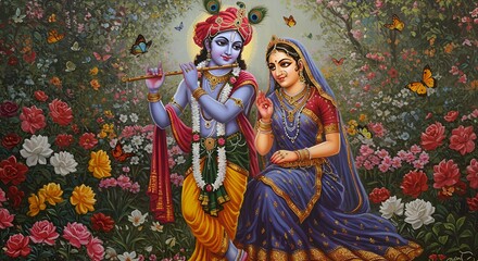 A vibrant and detailed painting of Lord Krishna playing his flute while Radha listens with admiration in a lush, blooming garden. 
