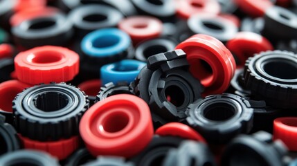 Colorful plastic components, close-up, industrial setting, manufacturing process