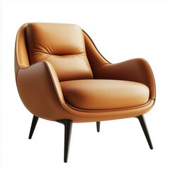 Naklejka premium Modern brown leather armchair with curved ergonomic design, plush cushioned seat, and black wooden legs, luxury interior decor furniture isolated on white background