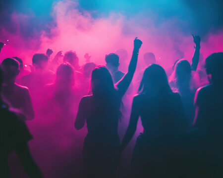 Colorful and full of life club party with a big crowd dancing