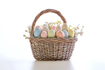 Fototapeta premium A delicate handwoven basket filled with Easter eggs in soft hues, sitting gracefully against a bright white backdrop, celebrating spring renewal.