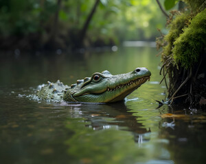 Obraz premium A crocodile with sharp eyes swims in the swamp.