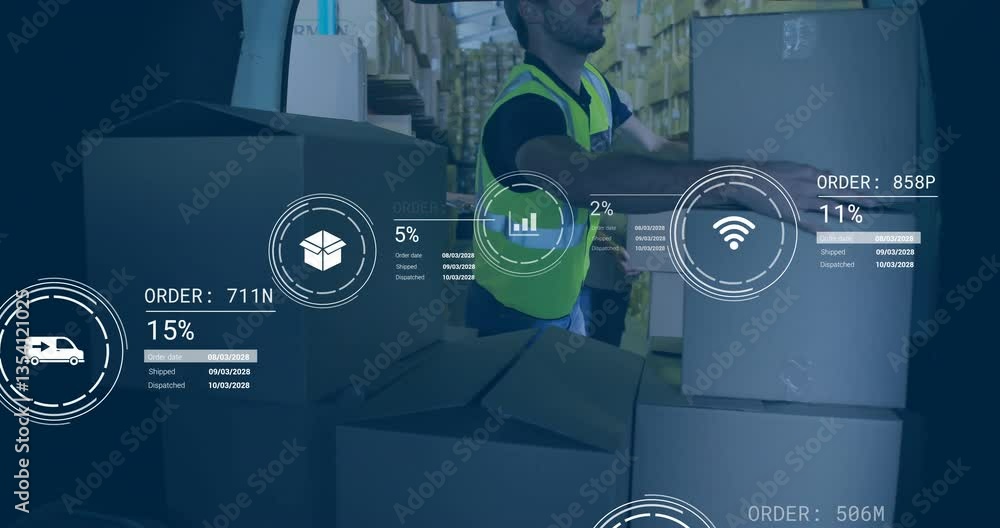 Poster organizing boxes in warehouse, worker using animation for data analytics on orders