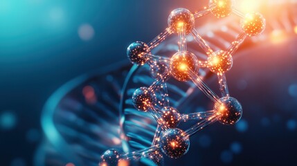 Stylized 3D Rende of a DNA Double Helix Segment with Glowing Nodes and Connecting Lines Against a Blurred Teal Background for Scientific Conceptualization