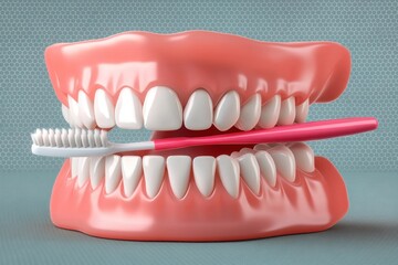 Obraz premium Human teeth and toothbrush, proper dental cleaning technique, 3d rendering. Dental care, medical 3d illustration on a transparent background