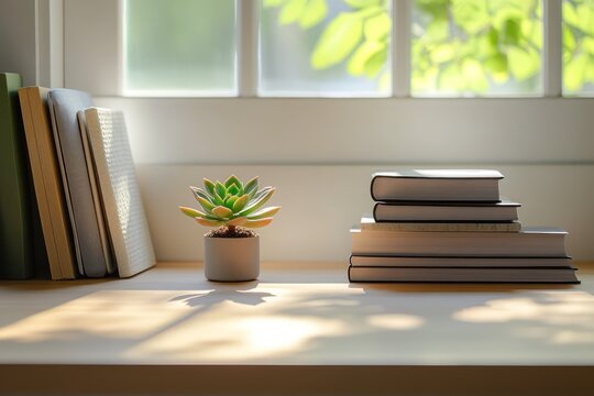 A modern, minimalist desk with a small succulent plant, a neatly arranged stack of books, and a soft focus on sunlight streaming through the window