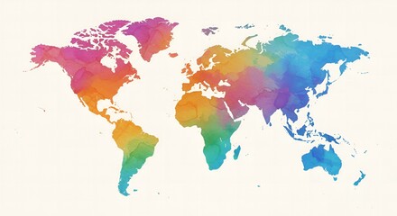 Naklejka premium a world map rendered in a soft watercolor style with vibrant rainbow gradients blending smoothly across continents.