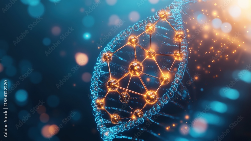 Poster stylized 3d rende of a luminous dna double helix with glowing copper nodes connected by a vibrant bl