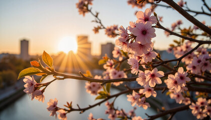 Sunlit cherry blossoms framing urban riverwalk at dusk, serene beauty, copy space